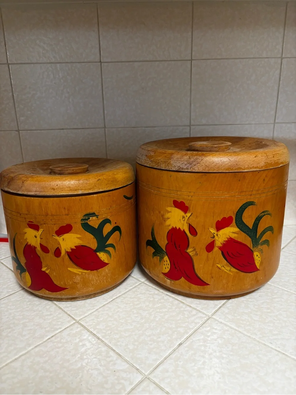 Wooden Rooster Canister Set of Two